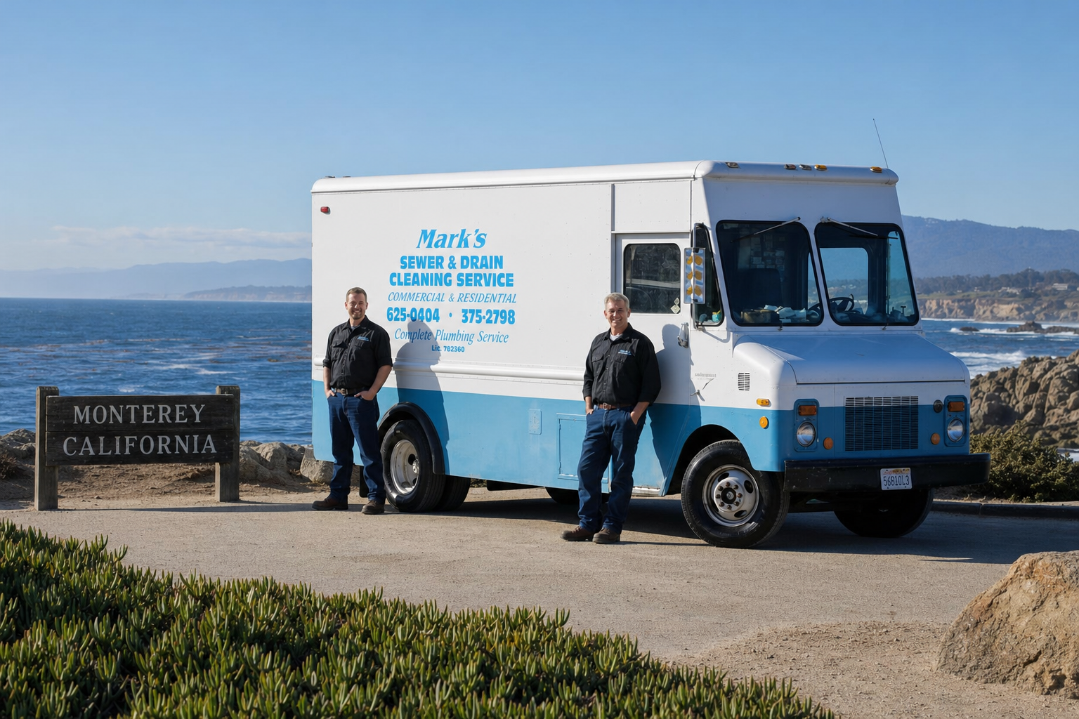 Mark's Sewer & Drain Cleaning Service van and crew at a Monterey, California coastal overlook